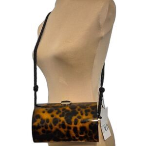 Zara Tortoiseshell Acrylic Box Clutch Crossbody Shoulder Bag Leopard Print NWT